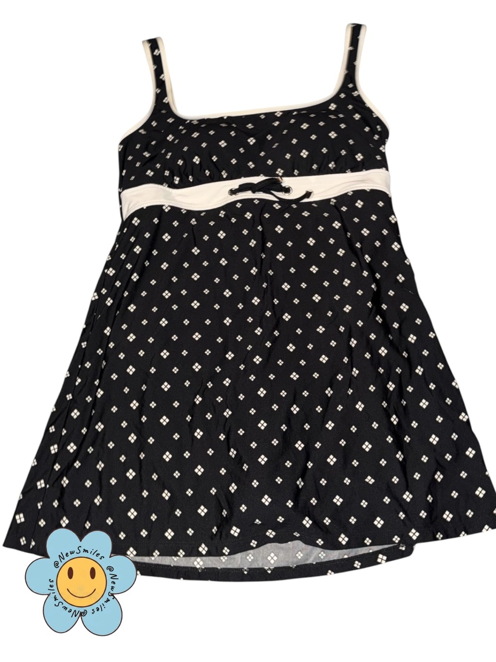 Eco Swim~Babydoll Swim Dress~Black w/ White Windows~Bathing Suit Attached Under